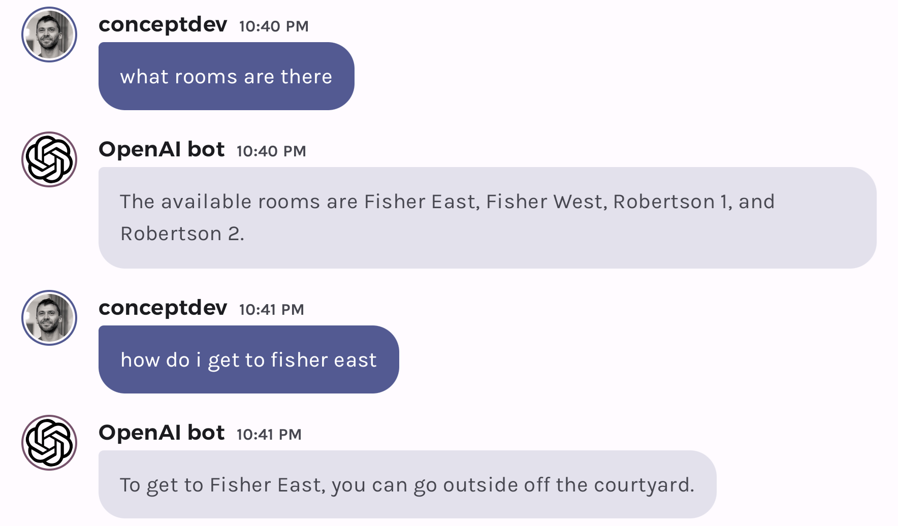 Chat answers about the rooms available generated by SQL